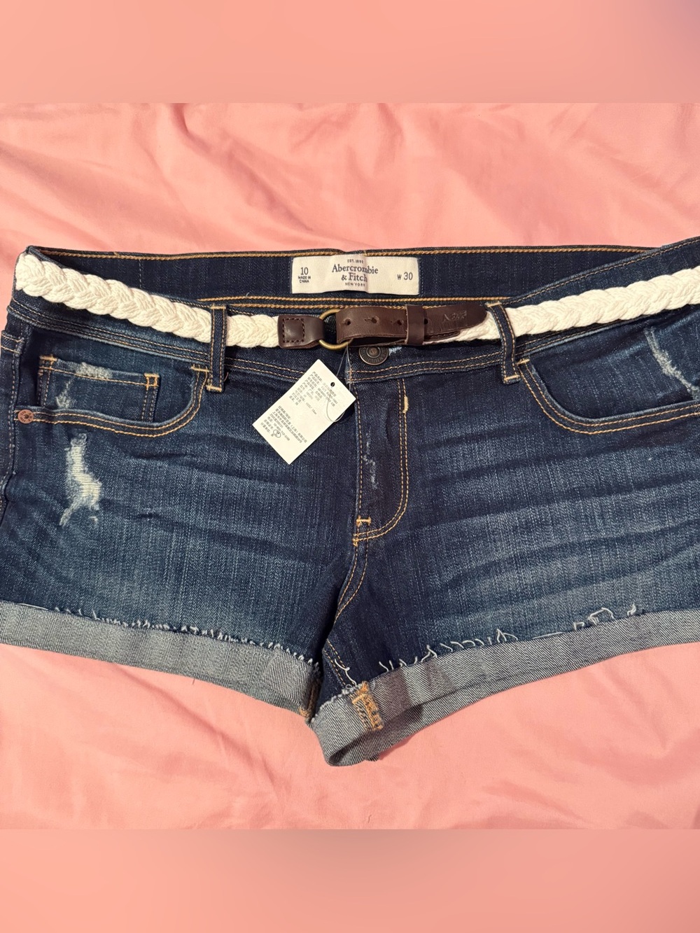 Abercrombie & Fitch Dark Blue Denim Cutoff Shorts with White Braided Belt